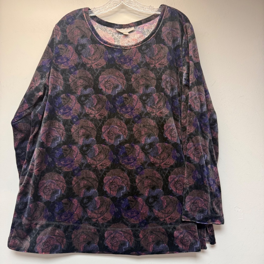 Woman Within Tunic Top Womens 1X Multi Excellent Velvet Floral Rose Long Sleeve